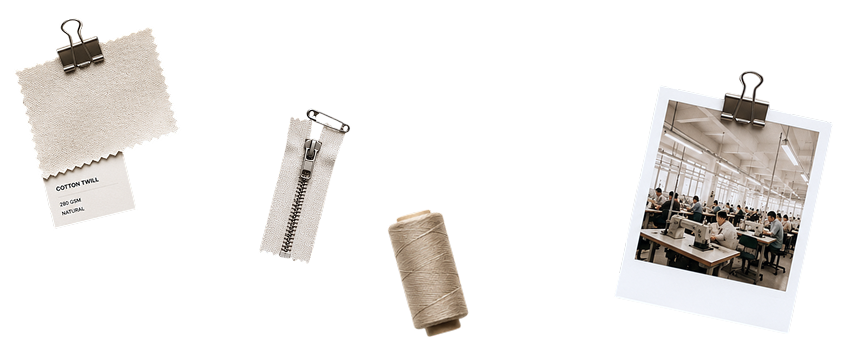 Sourcing notes, trim, thread, and factory photo